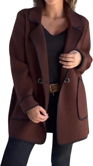 Women's Notch Lapel Coats Casual Button Down Trench Coats Double Breasted Cropped Blend Pea Coat Overcoat