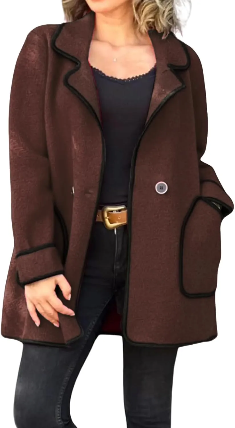 Women's Notch Lapel Coats Casual Button Down Trench Coats Double Breasted Cropped Blend Pea Coat Overcoat