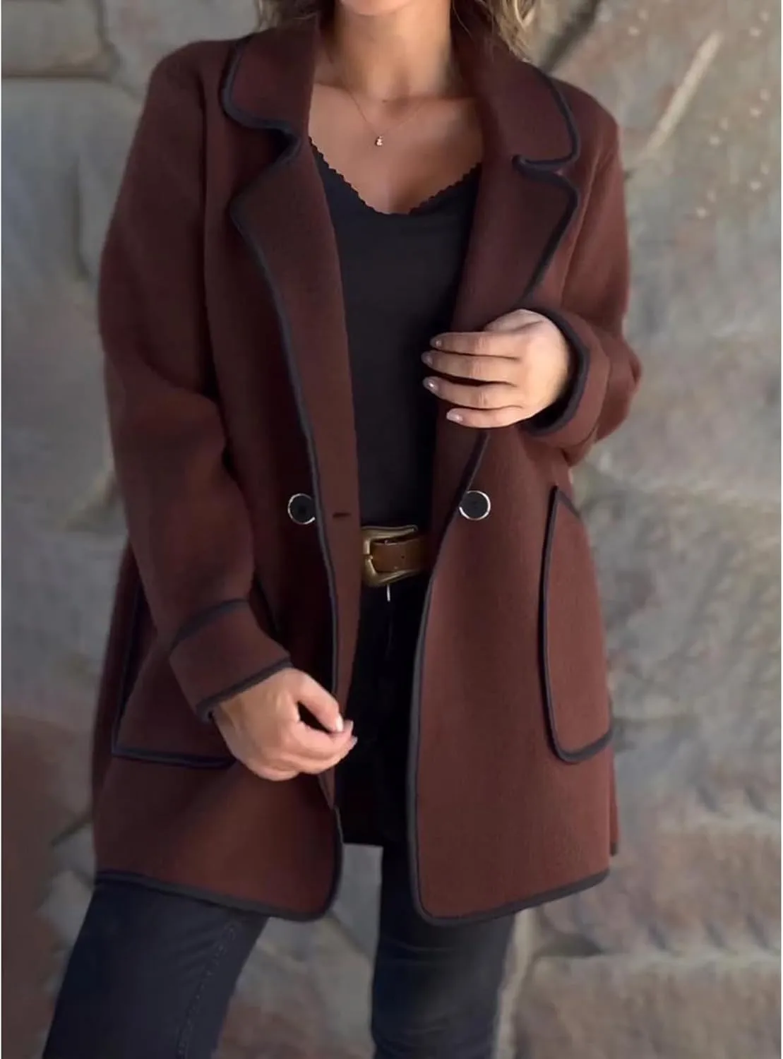 Women's Notch Lapel Coats Casual Button Down Trench Coats Double Breasted Cropped Blend Pea Coat Overcoat