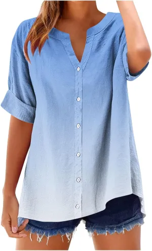 Womens Ombre Summer Shirts Gradient Color Short Sleeve Vacation Tunic Tops Oversized Tshirts V Neck Blouses Tops