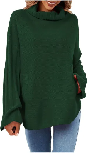 Women's Oversized Sweater Tops Long Sleeve Turtleneck Knit Jumper Solid Loose Dressy Pullover Blouse Tunic Tops
