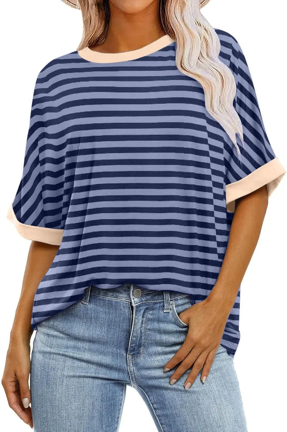 Womens Oversized T Shirts 2025 Trendy Striped Dressy Casual Crewneck Short Half Sleeve Colorblock Cute Summer Tops