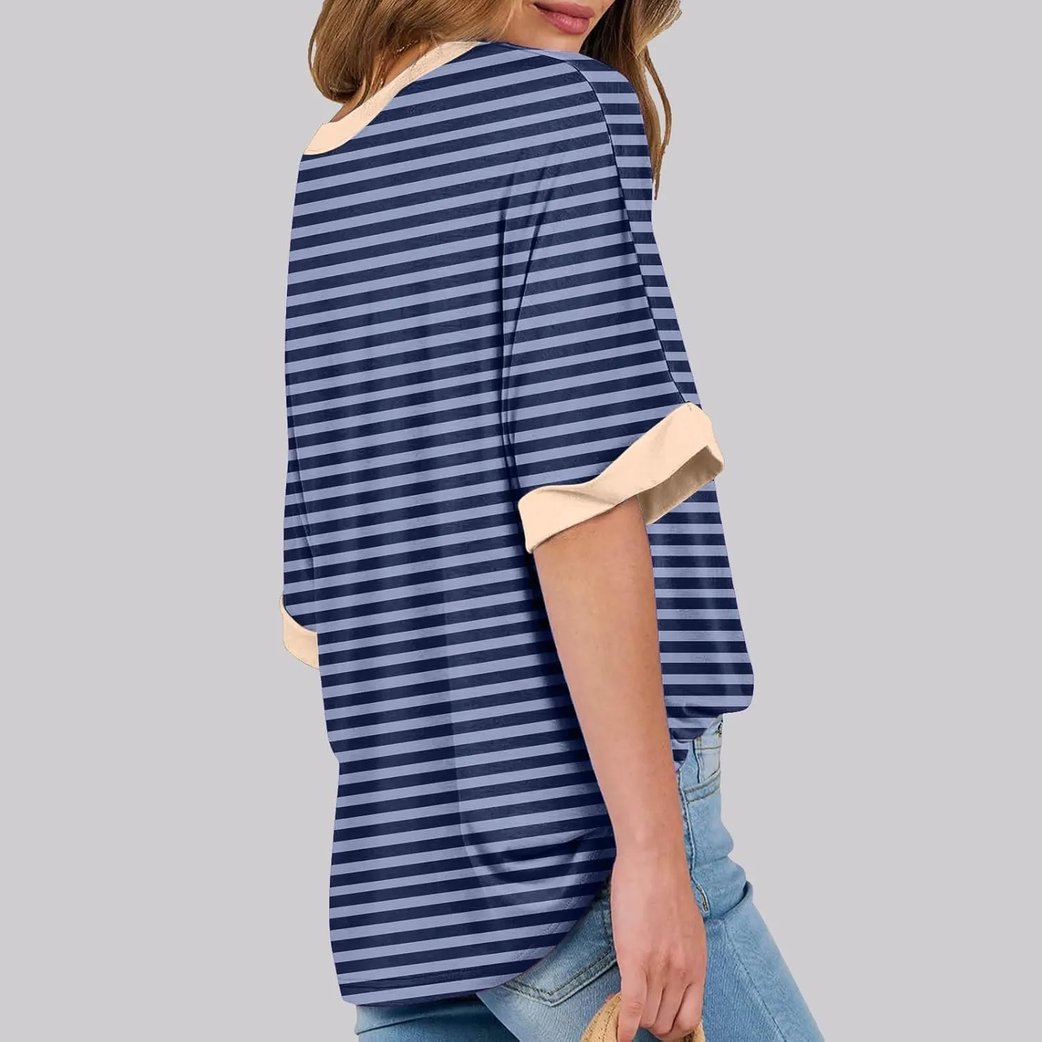 Womens Oversized T Shirts 2025 Trendy Striped Dressy Casual Crewneck Short Half Sleeve Colorblock Cute Summer Tops