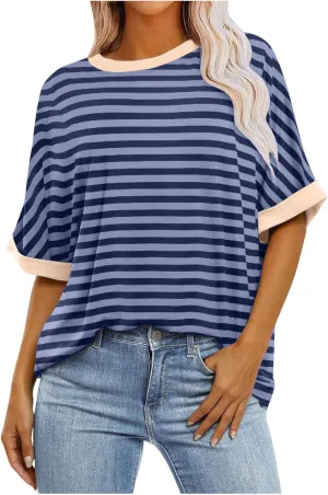 Womens Oversized T Shirts 2025 Trendy Striped Dressy Casual Crewneck Short Half Sleeve Colorblock Cute Summer Tops
