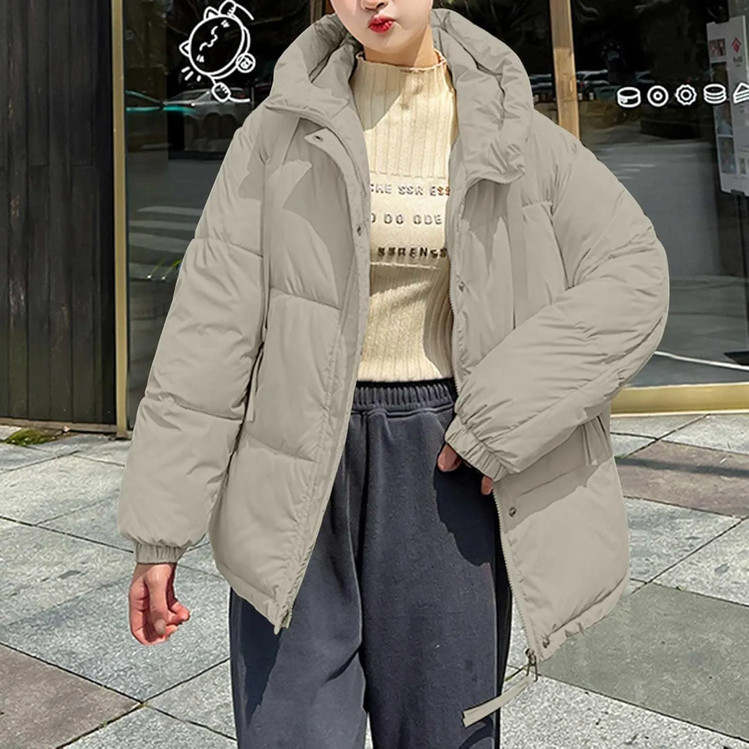 Womens Oversized Thick Down Jacket Long Sleeve Solid Color Hooded Outerwear 2024 Winter Fashion Warm Puffer Coat