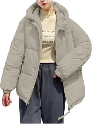 Womens Oversized Thick Down Jacket Long Sleeve Solid Color Hooded Outerwear 2024 Winter Fashion Warm Puffer Coat