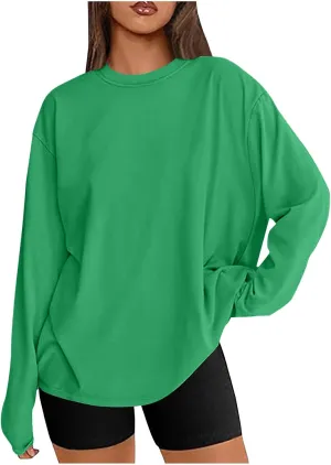 Womens Oversized Tops Long Sleeve Lightweight Shirts 2025 Spring Fashion Trendy Tops Crewneck Casual Solid Basic Tee