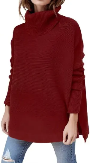 Womens Oversized Turtleneck Sweater Slit Hem Jumper Tops 2023 Fall Loose Long Batwing Chunky Knit Sweater Tops
