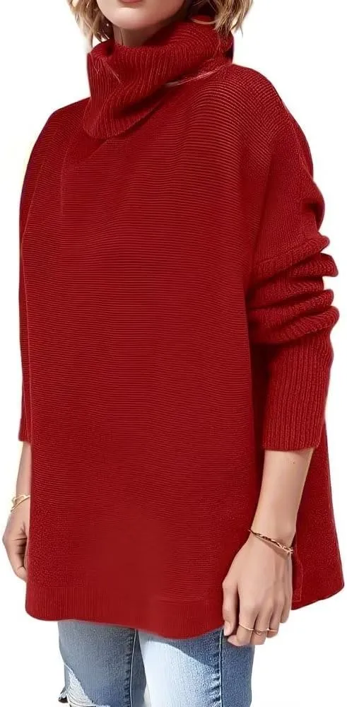 Womens Oversized Turtleneck Sweater Slit Hem Jumper Tops 2023 Fall Loose Long Batwing Chunky Knit Sweater Tops