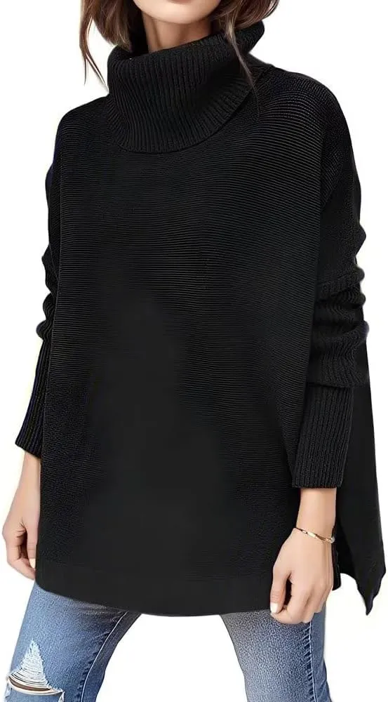 Womens Oversized Turtleneck Sweater Slit Hem Jumper Tops 2023 Fall Loose Long Batwing Chunky Knit Sweater Tops
