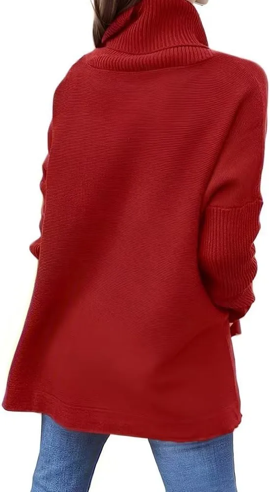 Womens Oversized Turtleneck Sweater Slit Hem Jumper Tops 2023 Fall Loose Long Batwing Chunky Knit Sweater Tops