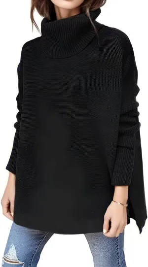 Womens Oversized Turtleneck Sweater Slit Hem Jumper Tops 2023 Fall Loose Long Batwing Chunky Knit Sweater Tops