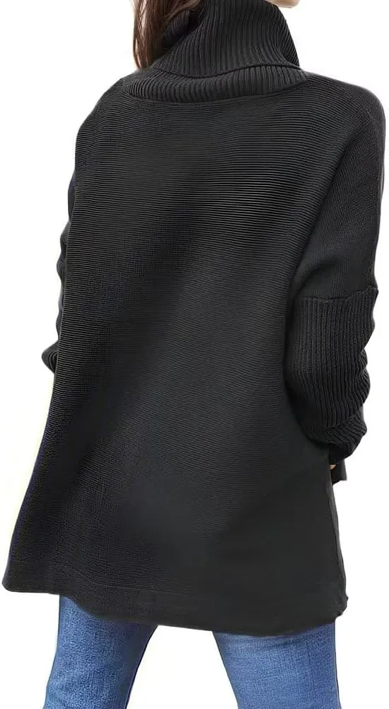 Womens Oversized Turtleneck Sweater Slit Hem Jumper Tops 2023 Fall Loose Long Batwing Chunky Knit Sweater Tops