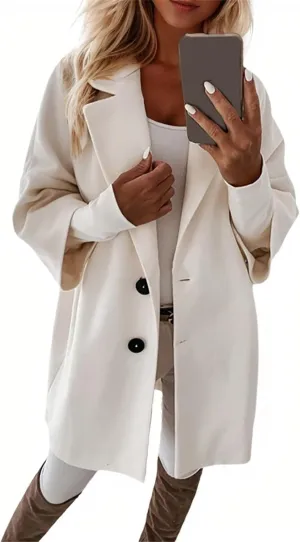 Womens Pea Coats Trendy Button 3/4 Sleeve Wool Coats Double Breasted Lapel Collar Coats with Pockets