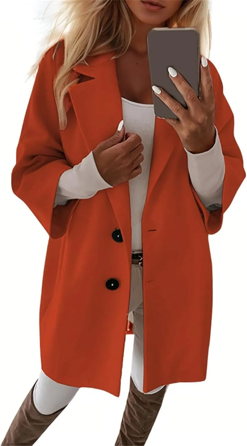 Womens Pea Coats Trendy Button 3/4 Sleeve Wool Coats Double Breasted Lapel Collar Coats with Pockets