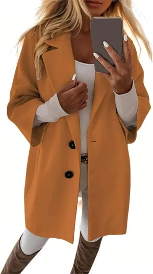 Womens Pea Coats Trendy Button 3/4 Sleeve Wool Coats Double Breasted Lapel Collar Coats with Pockets