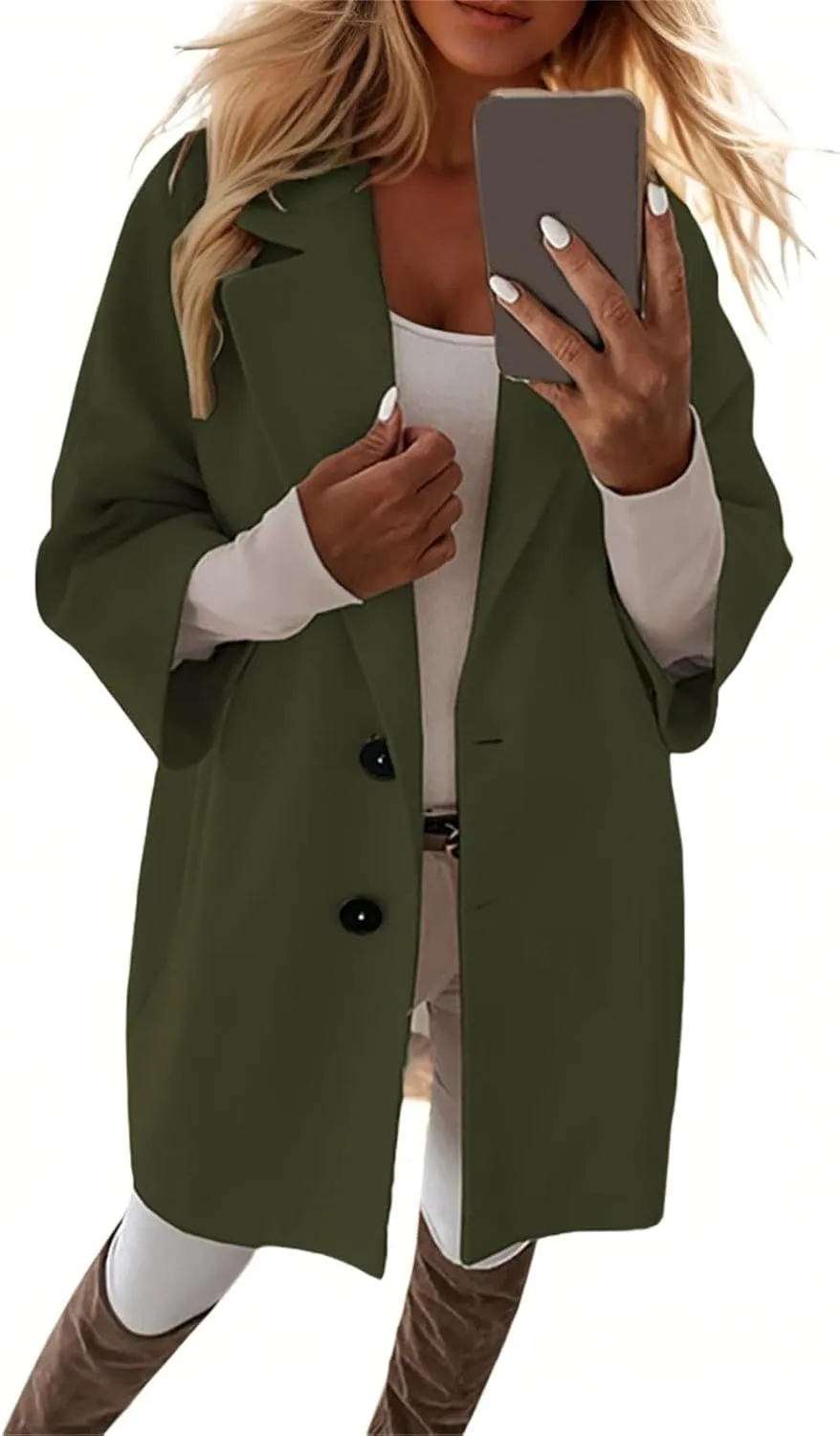 Womens Pea Coats Trendy Button 3/4 Sleeve Wool Coats Double Breasted Lapel Collar Coats with Pockets