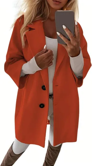 Womens Pea Coats Trendy Button 3/4 Sleeve Wool Coats Double Breasted Lapel Collar Coats with Pockets