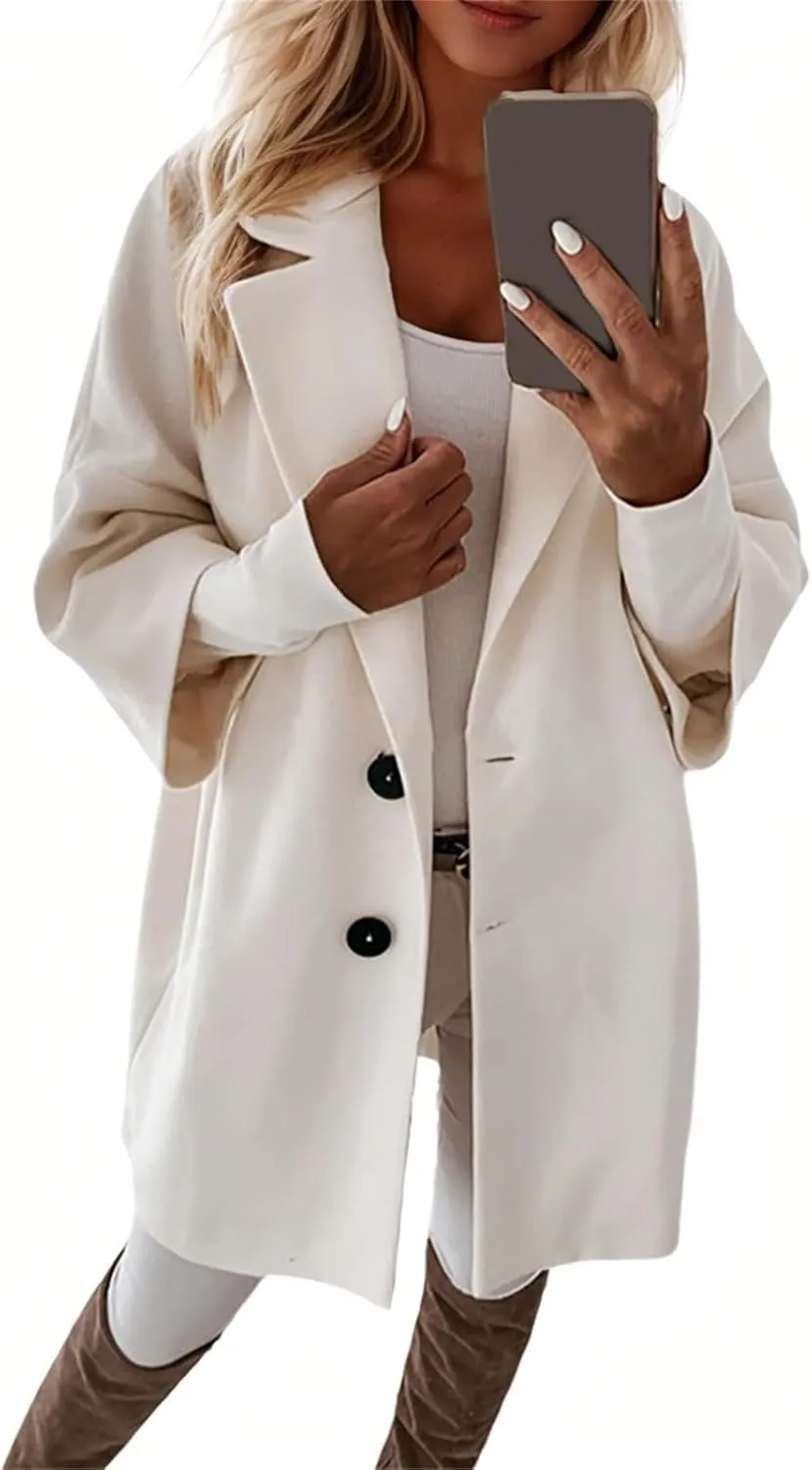 Womens Pea Coats Trendy Button 3/4 Sleeve Wool Coats Double Breasted Lapel Collar Coats with Pockets
