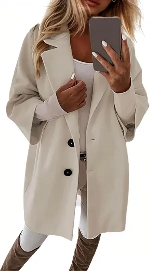 Womens Pea Coats Trendy Button 3/4 Sleeve Wool Coats Double Breasted Lapel Collar Coats with Pockets