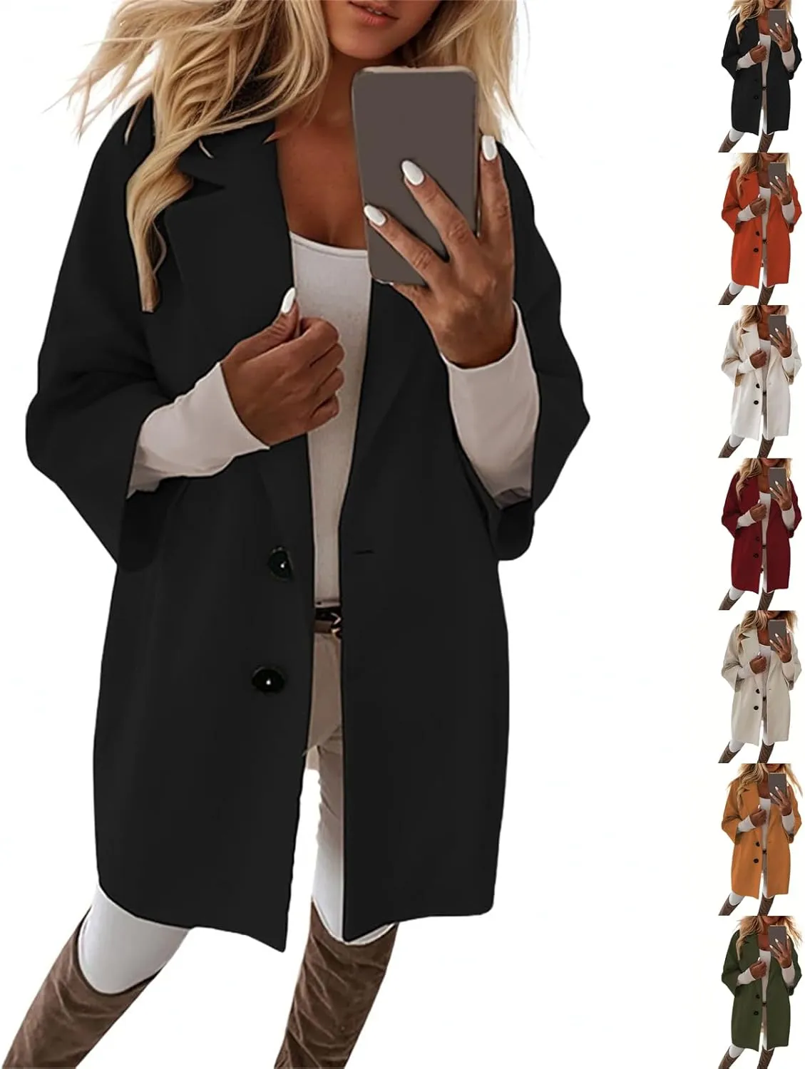 Womens Pea Coats Trendy Button 3/4 Sleeve Wool Coats Double Breasted Lapel Collar Coats with Pockets
