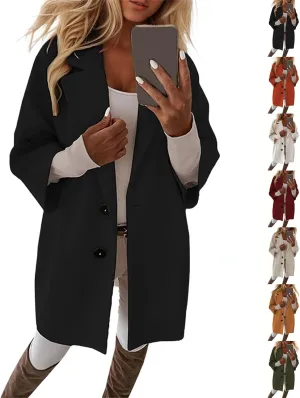 Womens Pea Coats Trendy Button 3/4 Sleeve Wool Coats Double Breasted Lapel Collar Coats with Pockets
