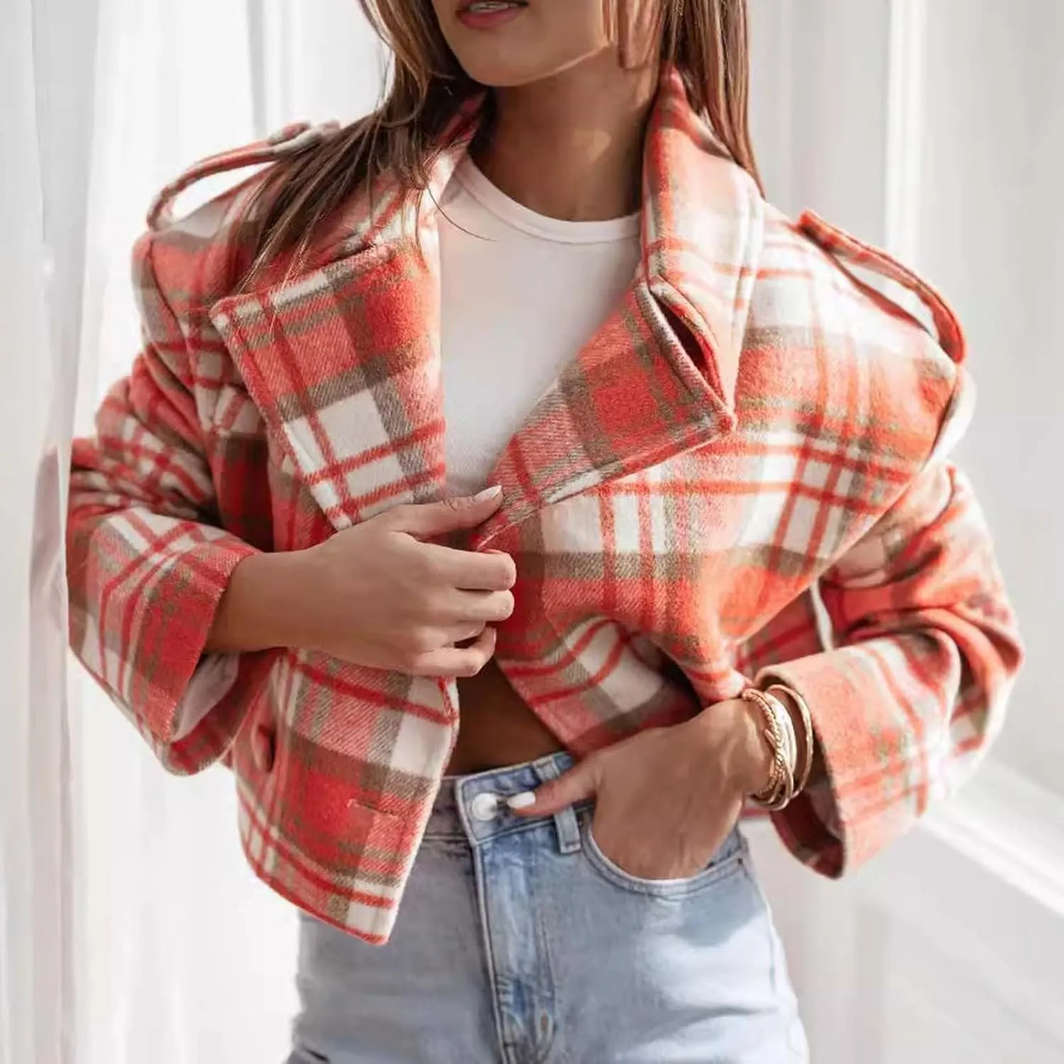 Women's Plaid Lapel Double Breasted Wool Blend Coat Business Blazer Jackets 2024 Fall Winter Trendy Cropped Pea Coats