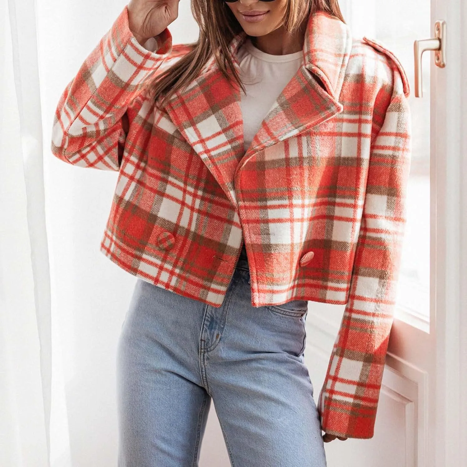 Women's Plaid Lapel Double Breasted Wool Blend Coat Business Blazer Jackets 2024 Fall Winter Trendy Cropped Pea Coats