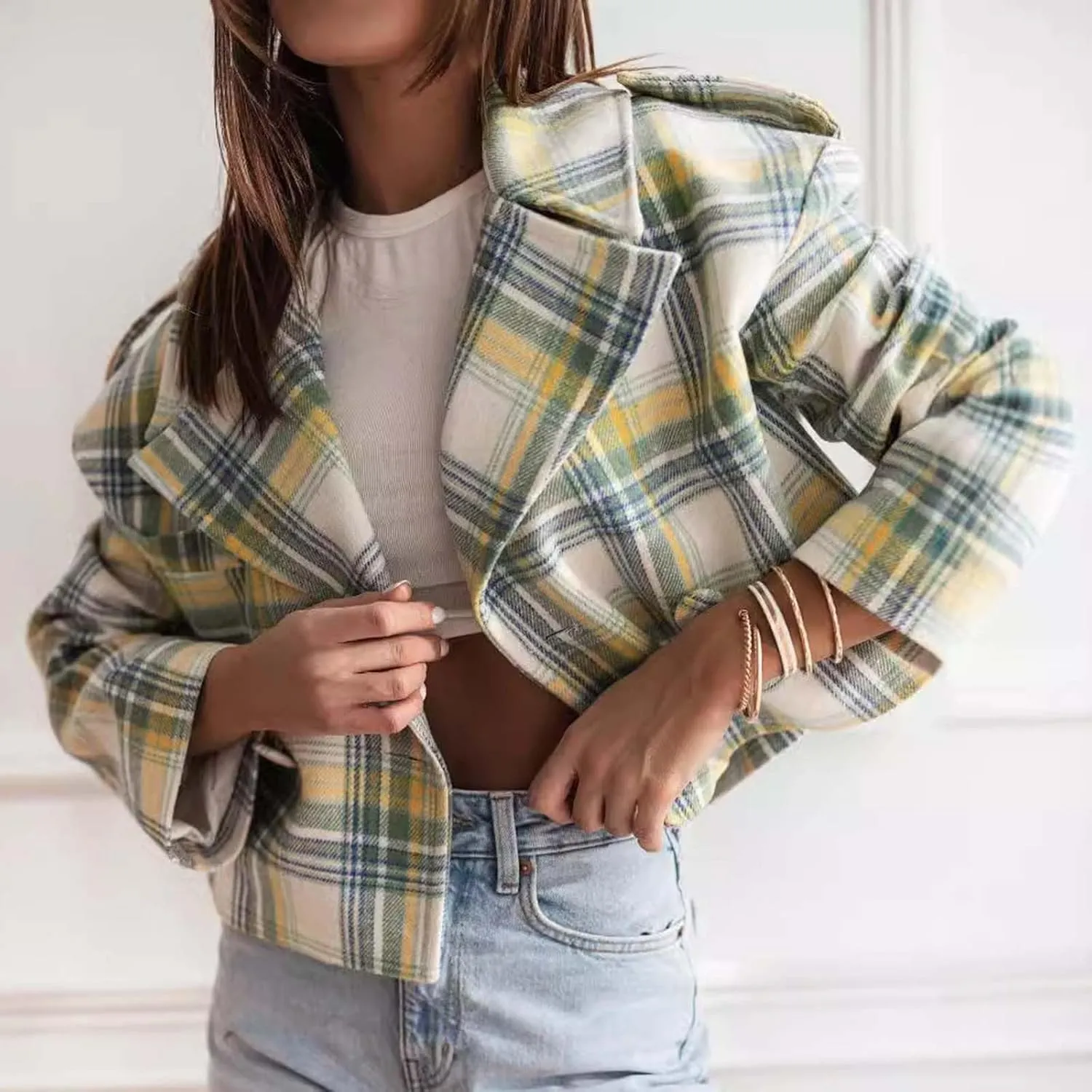 Women's Plaid Lapel Double Breasted Wool Blend Coat Business Blazer Jackets 2024 Fall Winter Trendy Cropped Pea Coats