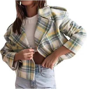 Women's Plaid Lapel Double Breasted Wool Blend Coat Business Blazer Jackets 2024 Fall Winter Trendy Cropped Pea Coats