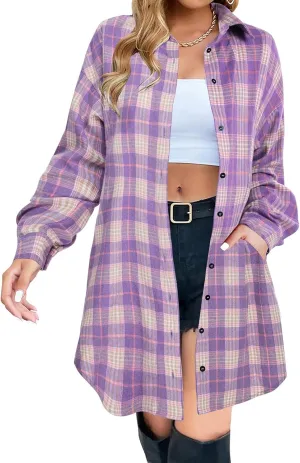 Womens Plaid Shacket Jacket Long Sleeve Button Down Shirt Oversized Lightweight Boyfriend Jacket Fall Fashion Coat