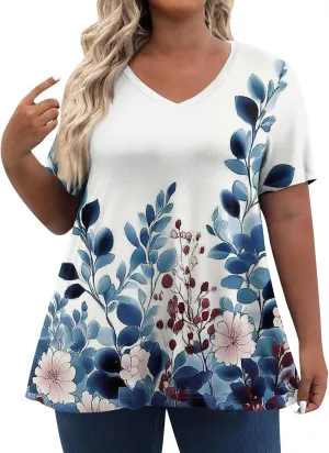 Womens Plus Size V Neck T Shirts 2025 Summer Short Sleeve Tee Blouses Casual Loose Fit Cotton Tunic Tops Floral Print