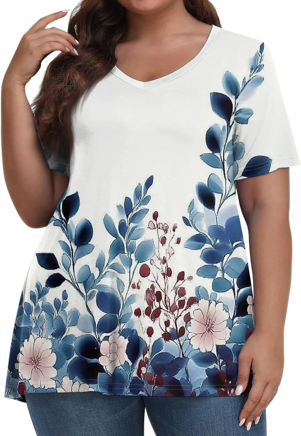 Womens Plus Size V Neck T Shirts 2025 Summer Short Sleeve Tee Blouses Casual Loose Fit Cotton Tunic Tops Floral Print