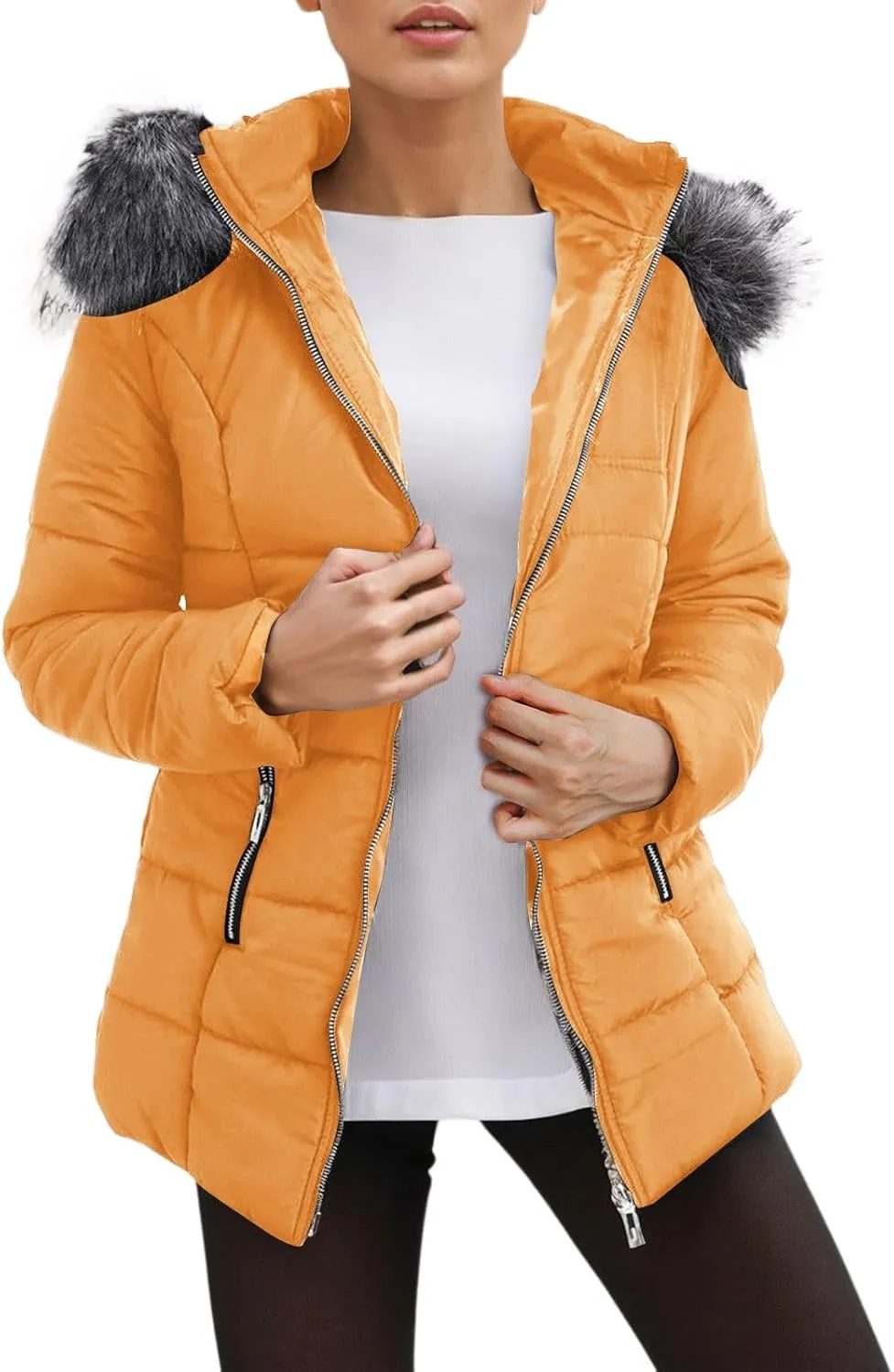 Womens Puffer Jacket with Hood Trendy Street Down Coat Casual Thickened Warm Quilted Outwear Loose Zip Up Pocket Coats