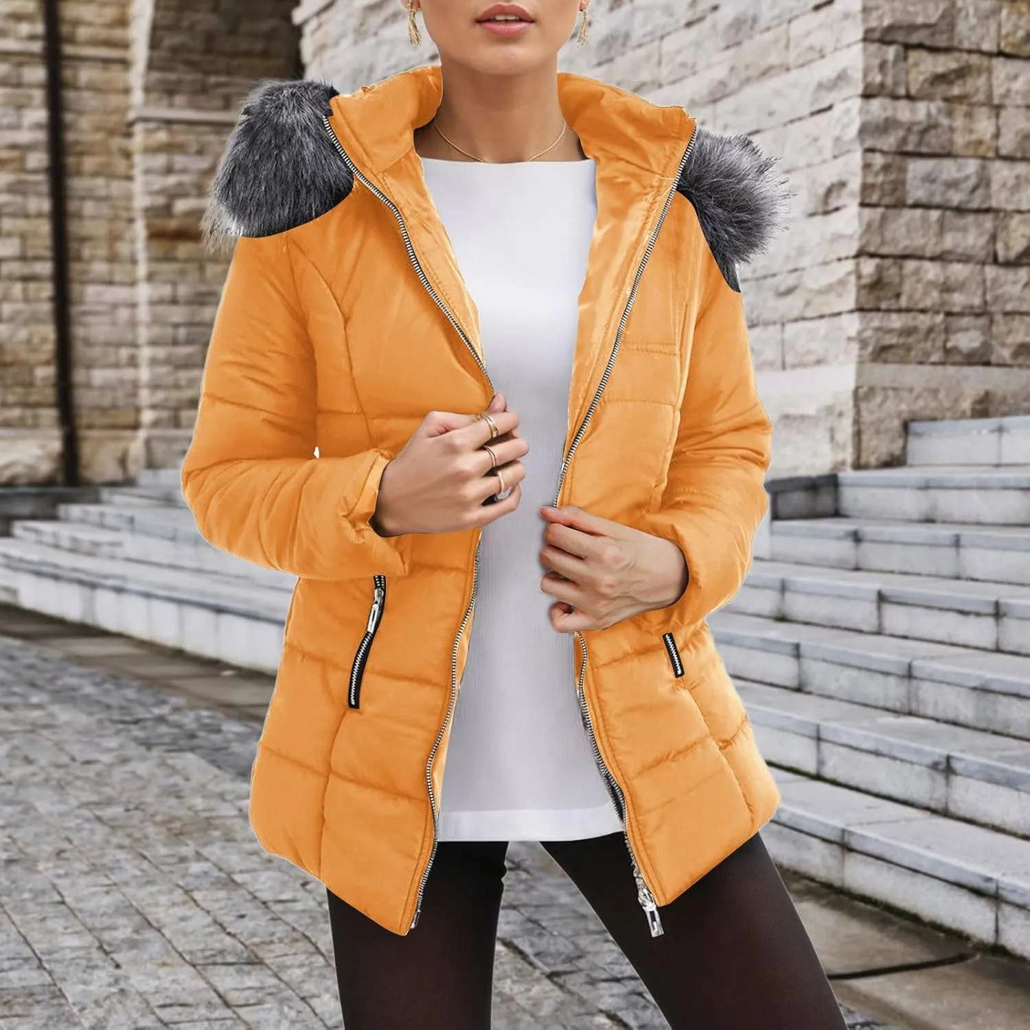 Womens Puffer Jacket with Hood Trendy Street Down Coat Casual Thickened Warm Quilted Outwear Loose Zip Up Pocket Coats