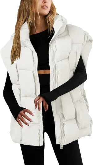 Womens Puffer Vest Oversized Down Jacket Stand Collar Lightweight Warm Winter Coat Sleeveless Zip Up Bubble Outwear