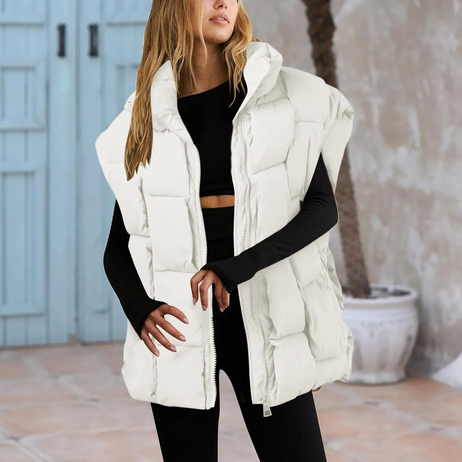Womens Puffer Vest Oversized Down Jacket Stand Collar Lightweight Warm Winter Coat Sleeveless Zip Up Bubble Outwear