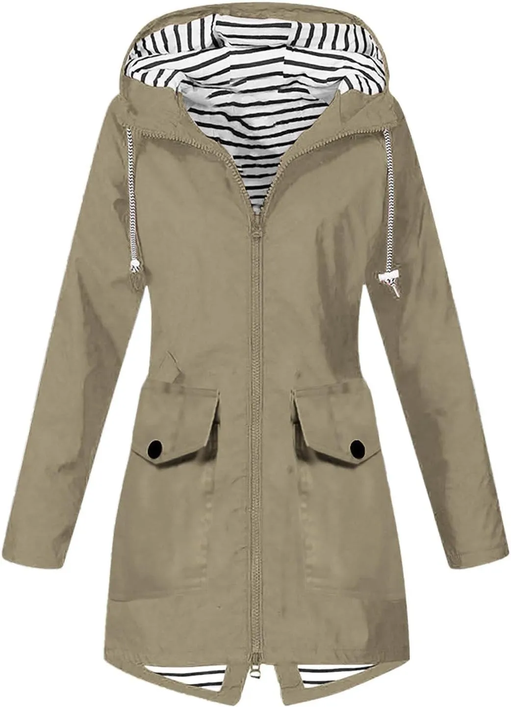 Womens Raincoat Fall Fashion Fit Waterproof Dressy Zip up Rain Jacket with Pockets Windbreaker Hooded Trench Coats