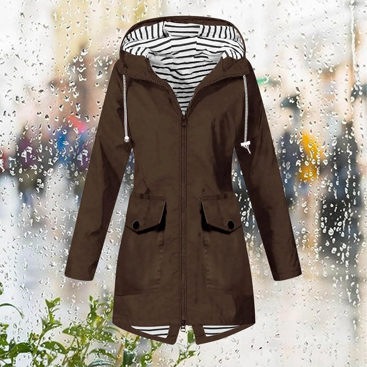 Womens Raincoat Fall Fashion Fit Waterproof Dressy Zip up Rain Jacket with Pockets Windbreaker Hooded Trench Coats