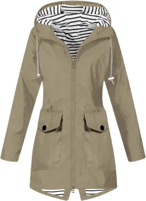 Womens Raincoat Fall Fashion Fit Waterproof Dressy Zip up Rain Jacket with Pockets Windbreaker Hooded Trench Coats