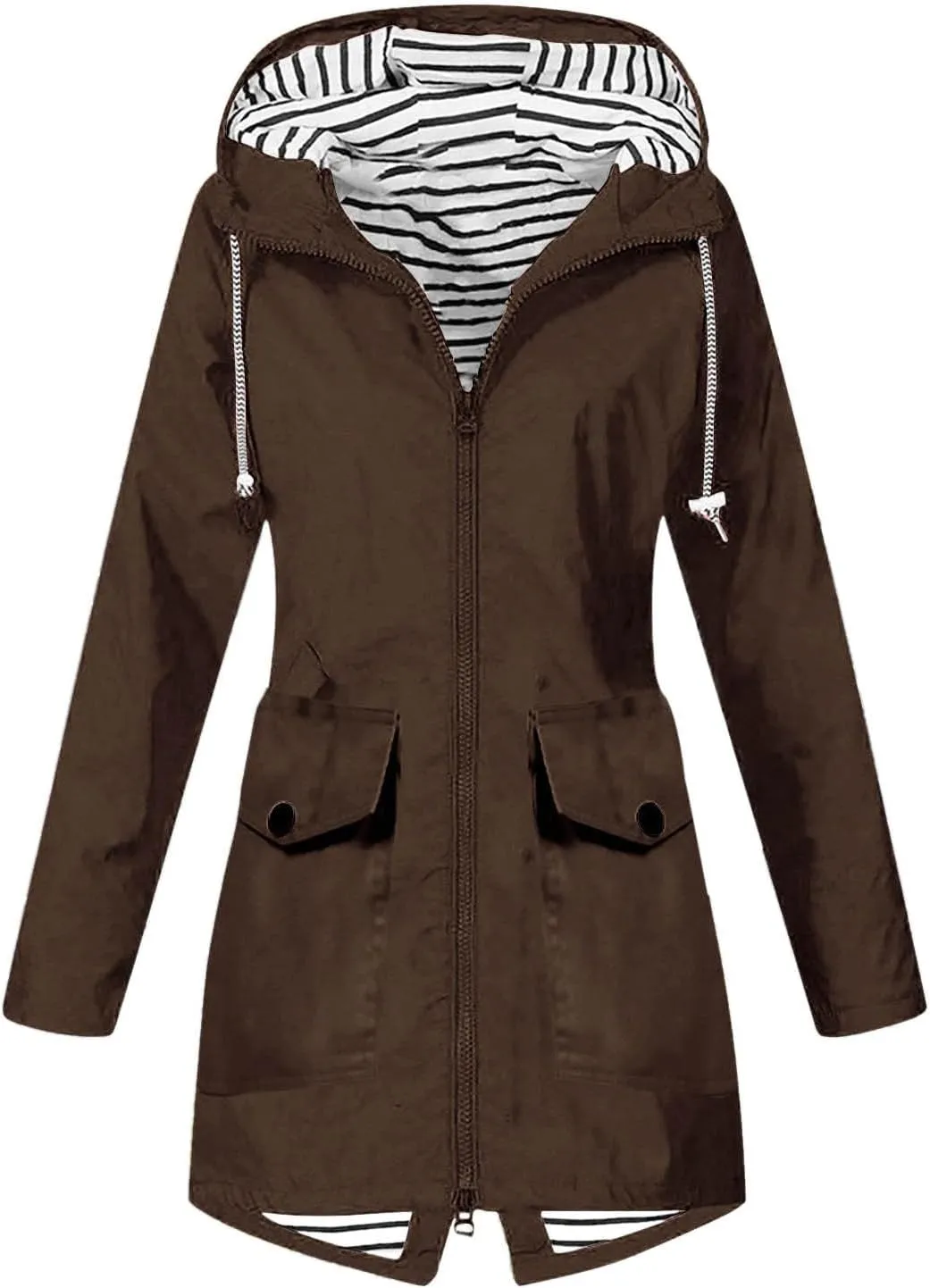 Womens Raincoat Fall Fashion Fit Waterproof Dressy Zip up Rain Jacket with Pockets Windbreaker Hooded Trench Coats