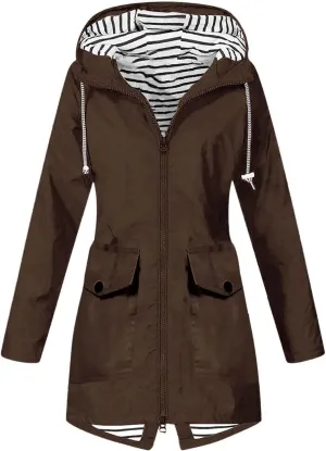 Womens Raincoat Fall Fashion Fit Waterproof Dressy Zip up Rain Jacket with Pockets Windbreaker Hooded Trench Coats