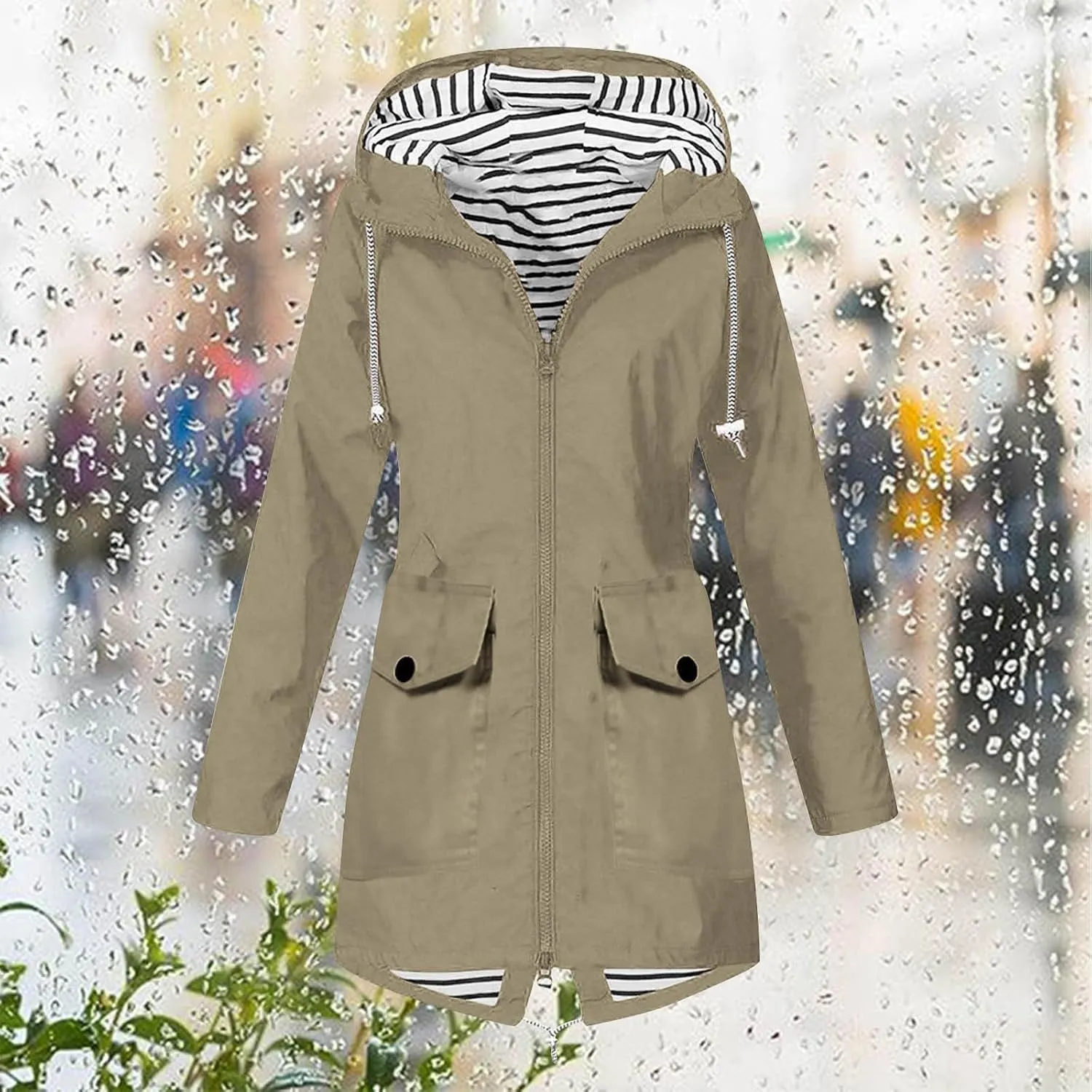 Womens Raincoat Fall Fashion Fit Waterproof Dressy Zip up Rain Jacket with Pockets Windbreaker Hooded Trench Coats