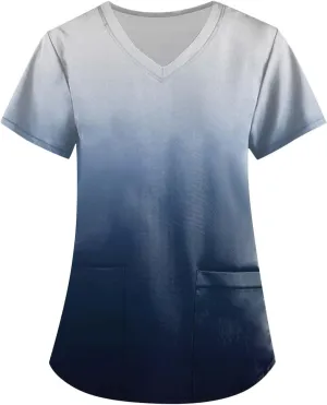 Womens Scrub Tops Print V Neck Short Sleeve Nurse Tops Casual Medical Work Uniform With Pockets