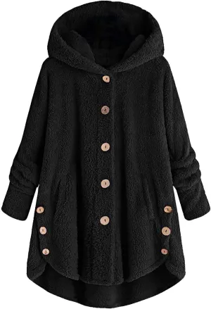Women's Sherpa Coats Fuzzy Fleece Button Down Hooded Coat Plus Size Warm Long Sleeve Coats Loose Cardigan Cozy Coats