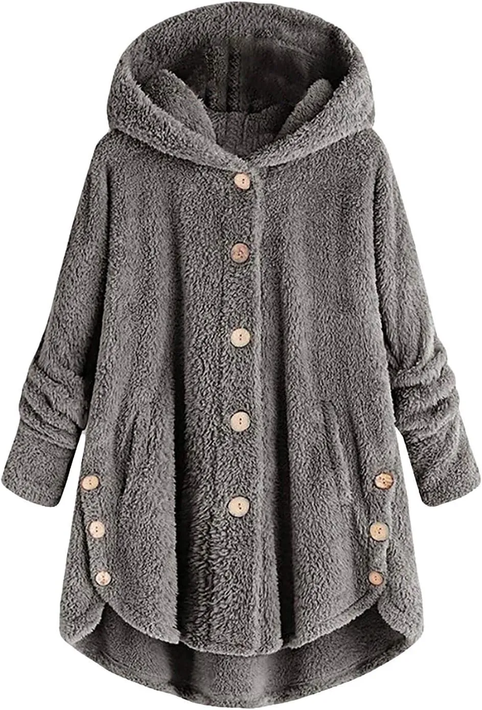 Women's Sherpa Coats Fuzzy Fleece Button Down Hooded Coat Plus Size Warm Long Sleeve Coats Loose Cardigan Cozy Coats