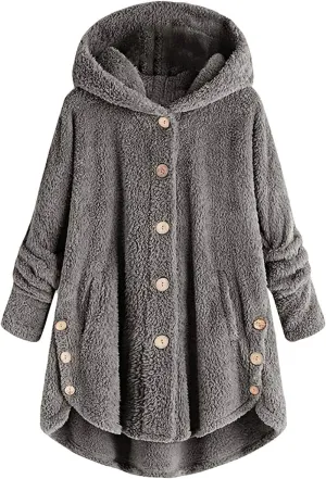 Women's Sherpa Coats Fuzzy Fleece Button Down Hooded Coat Plus Size Warm Long Sleeve Coats Loose Cardigan Cozy Coats
