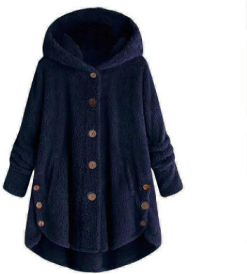 Women's Sherpa Coats Fuzzy Fleece Button Down Hooded Coat Plus Size Warm Long Sleeve Coats Loose Cardigan Cozy Coats