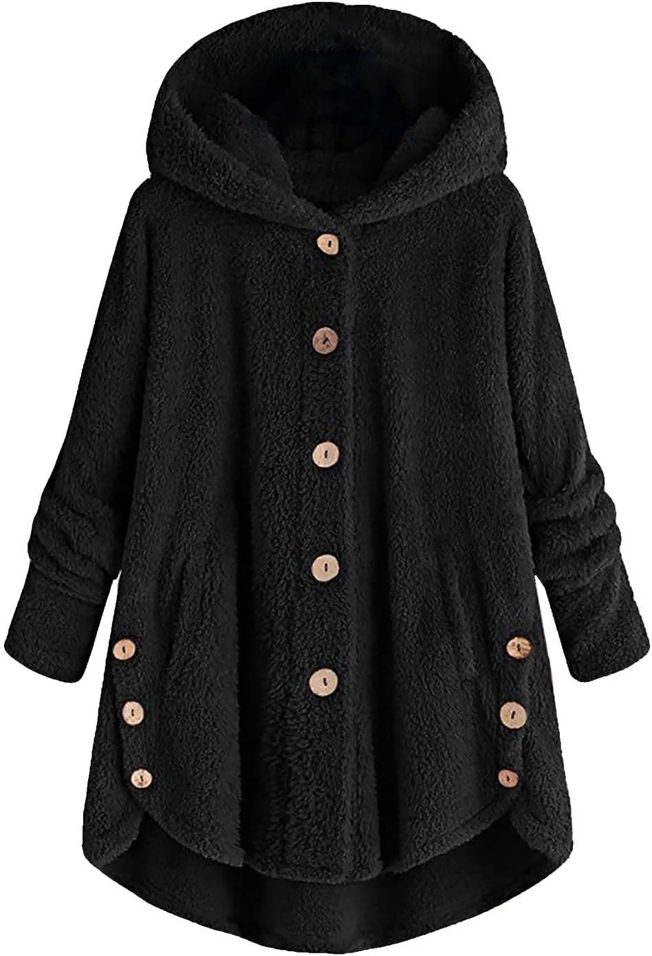 Women's Sherpa Coats Fuzzy Fleece Button Down Hooded Coat Plus Size Warm Long Sleeve Coats Loose Cardigan Cozy Coats