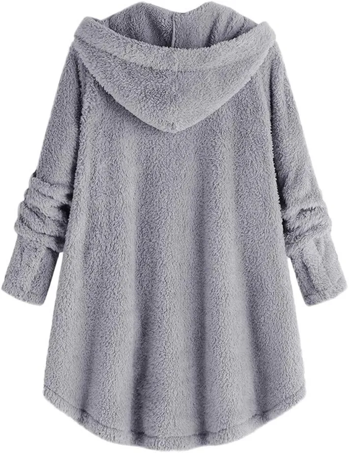 Women's Sherpa Coats Fuzzy Fleece Button Down Hooded Coat Plus Size Warm Long Sleeve Coats Loose Cardigan Cozy Coats